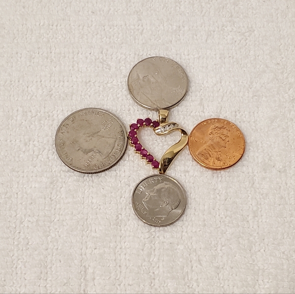 Vintage 10 Karat Yellow Gold Open Heart Pendant Diamonds Red Rubies Women's - Picture 8 of 10